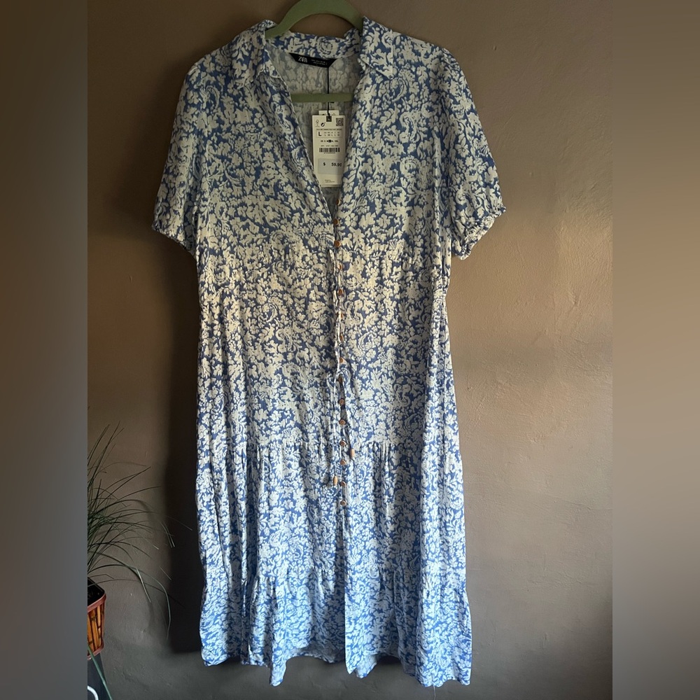 Zara Light Blue Floral Midi Button-Front Dress
